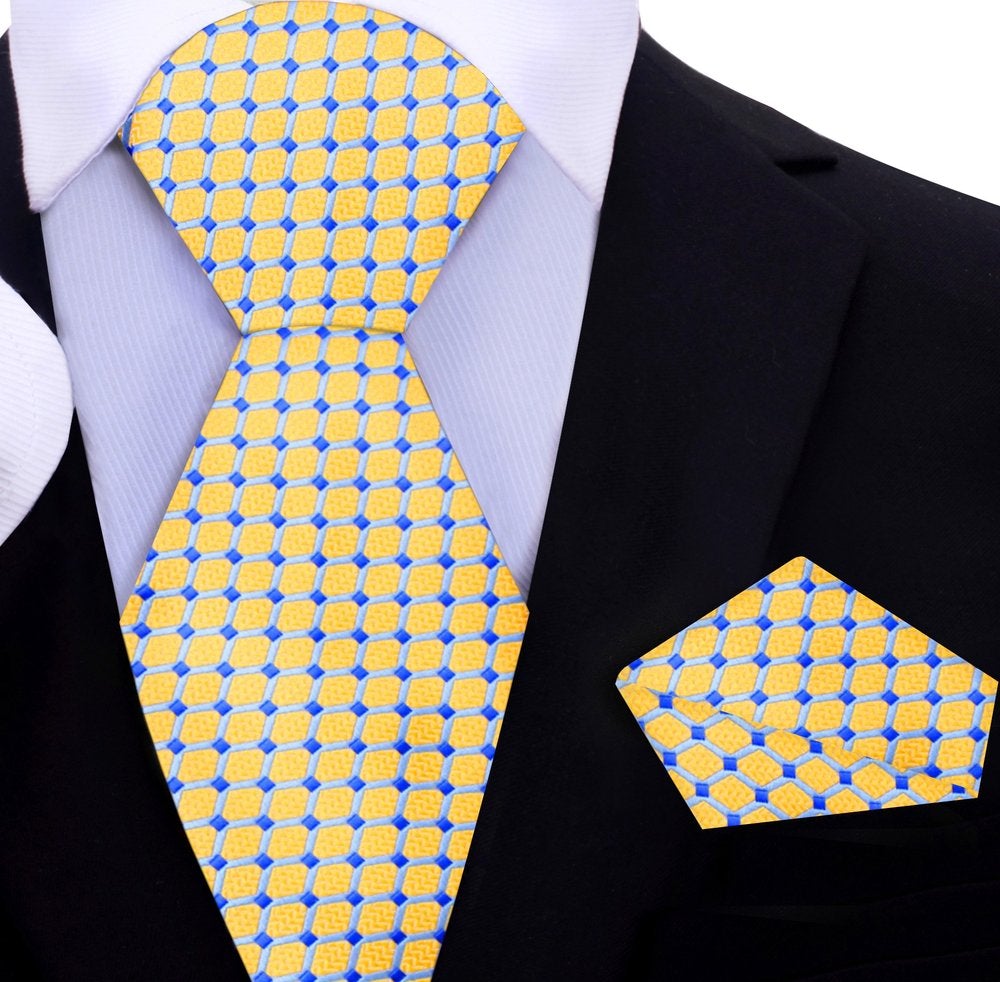 A Yellow, White, Light Blue Geometric Pattern Pattern Silk Necktie, Matching Pocket Square
