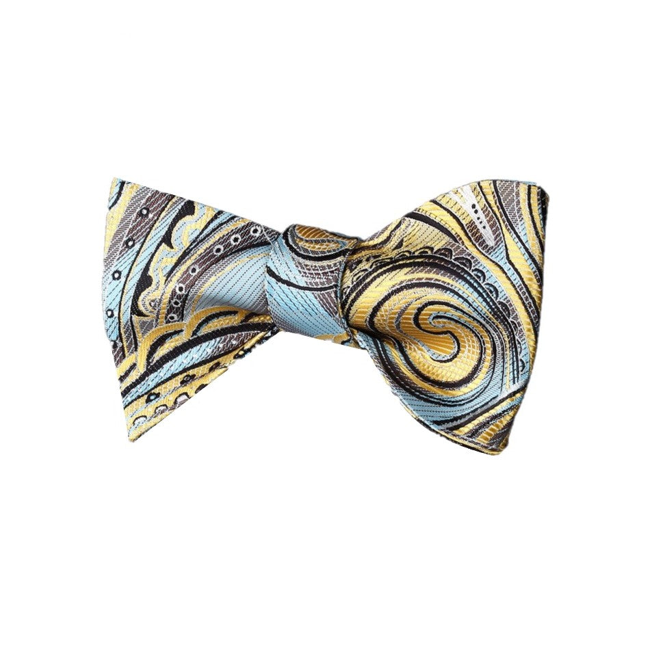 A Yellow, Light Blue Pattern Silk Self Tie Bow Tie 