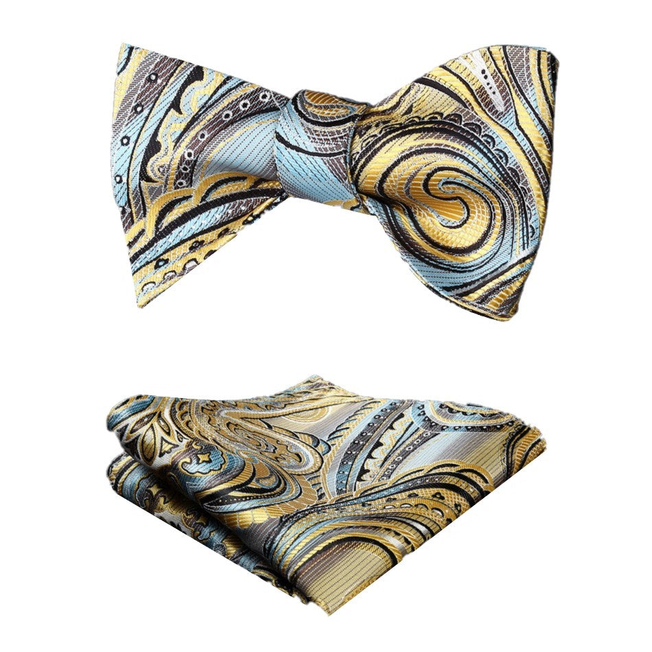 A Yellow, Light Blue Pattern Silk Self Tie Bow Tie, Matching Pocket Square