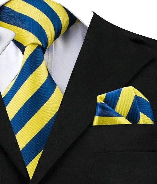 Yellow and Blue Stripe Tie and Pocket Square