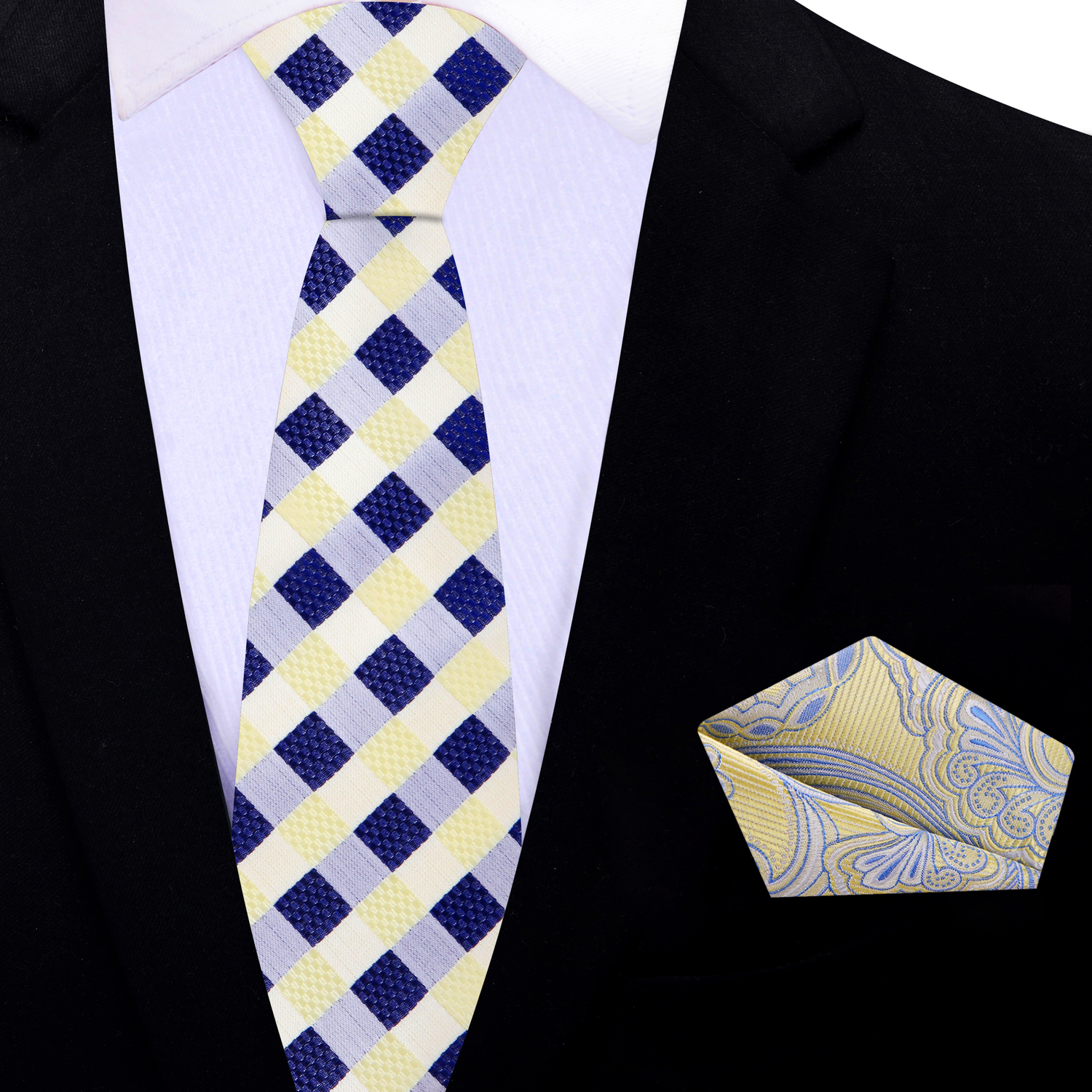 Thin Tie: Light Yellow, Blue Checker Necktie and Accenting Yellow and Blue Paisley Pocket Square