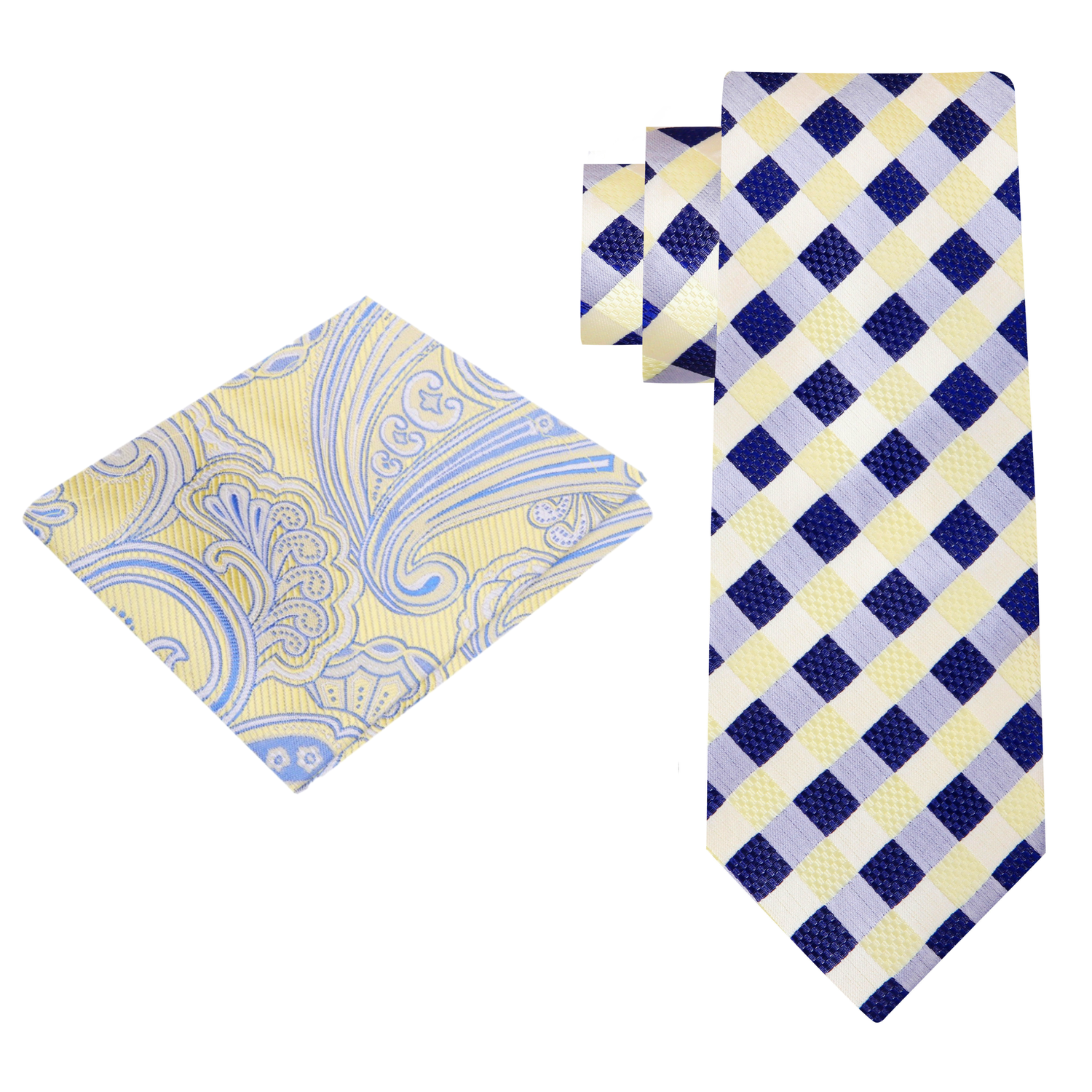 Alt View: Light Yellow, Blue Checker Necktie and Accenting Yellow and Blue Paisley Pocket Square