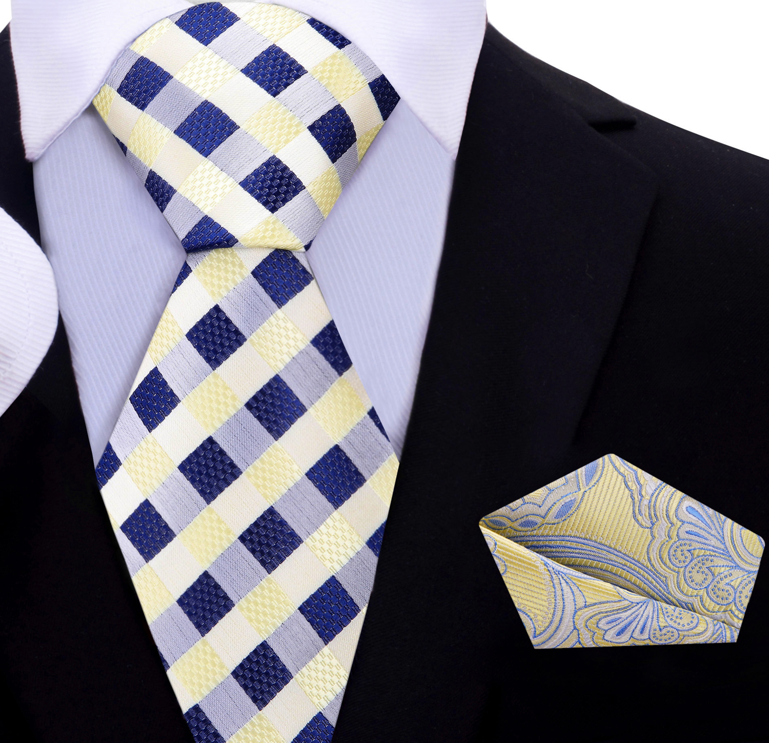 Light Yellow, Blue Checker Necktie and Accenting Yellow and Blue Paisley Pocket Square