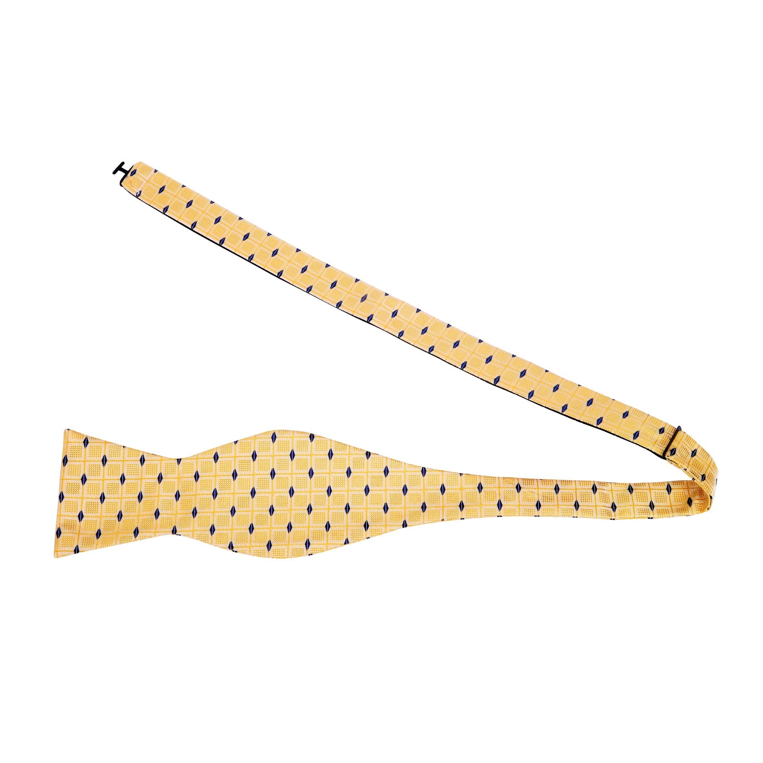 View 2: A Yellow, Blue Geometric Check Pattern Silk Self Tie Bow Tie