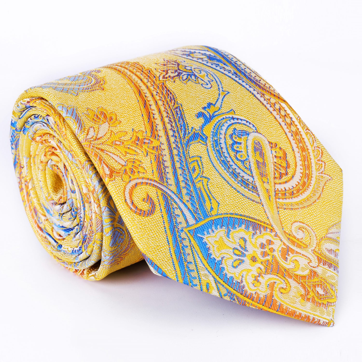 A Yellow, Orange, Blue Paisley Pattern Silk Necktie