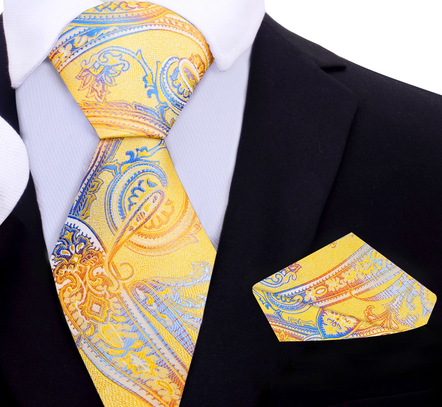 A Yellow, Orange, Blue Paisley Pattern Silk Necktie, Matching Pocket Square 