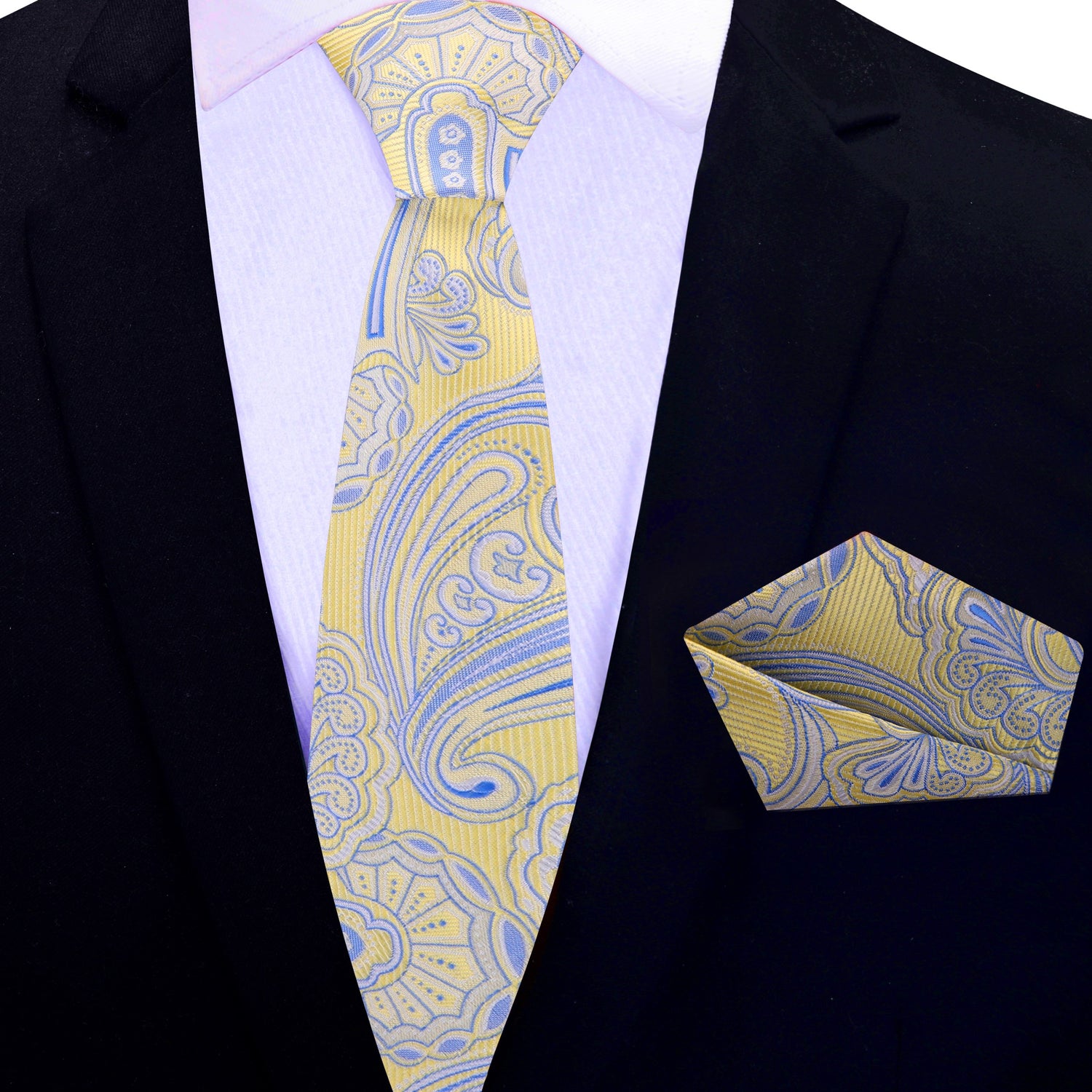 A Yellow and Blue Paisley Thin Tie and Pocket Square