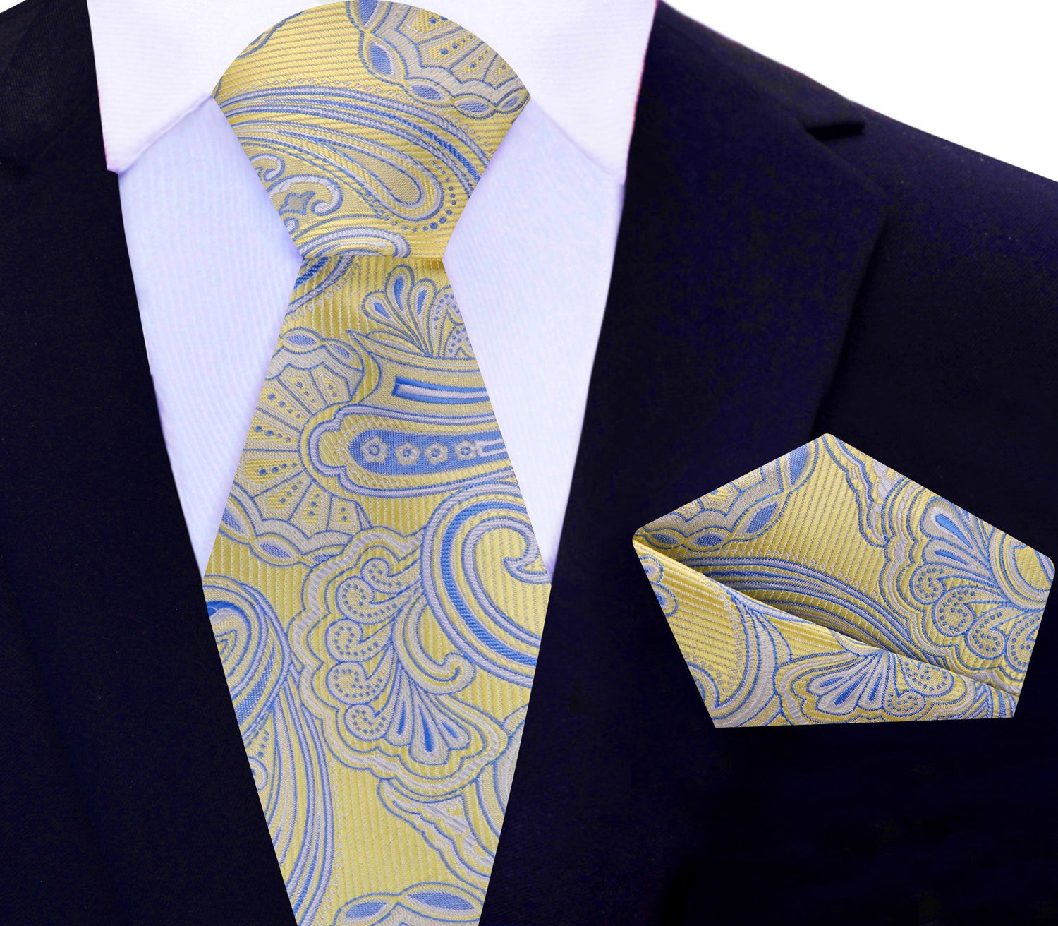 Main View: A Yellow and Blue Paisley Tie and Pocket Square