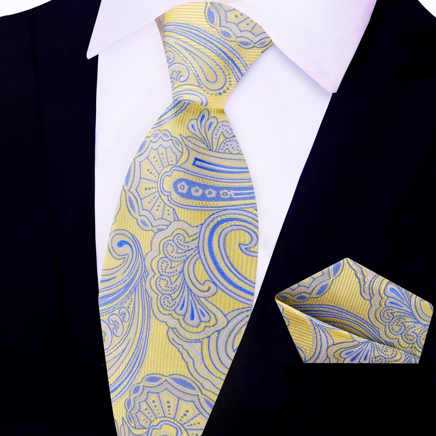 A Yellow and Blue Paisley Tie and Pocket Square