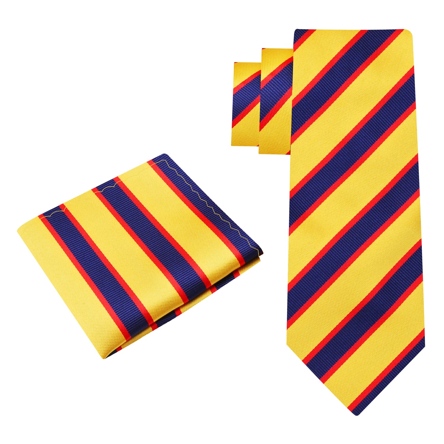 Alt View: A Dark Blue, Yellow, Red Stripe Pattern Silk Necktie, With Matching Pocket Square