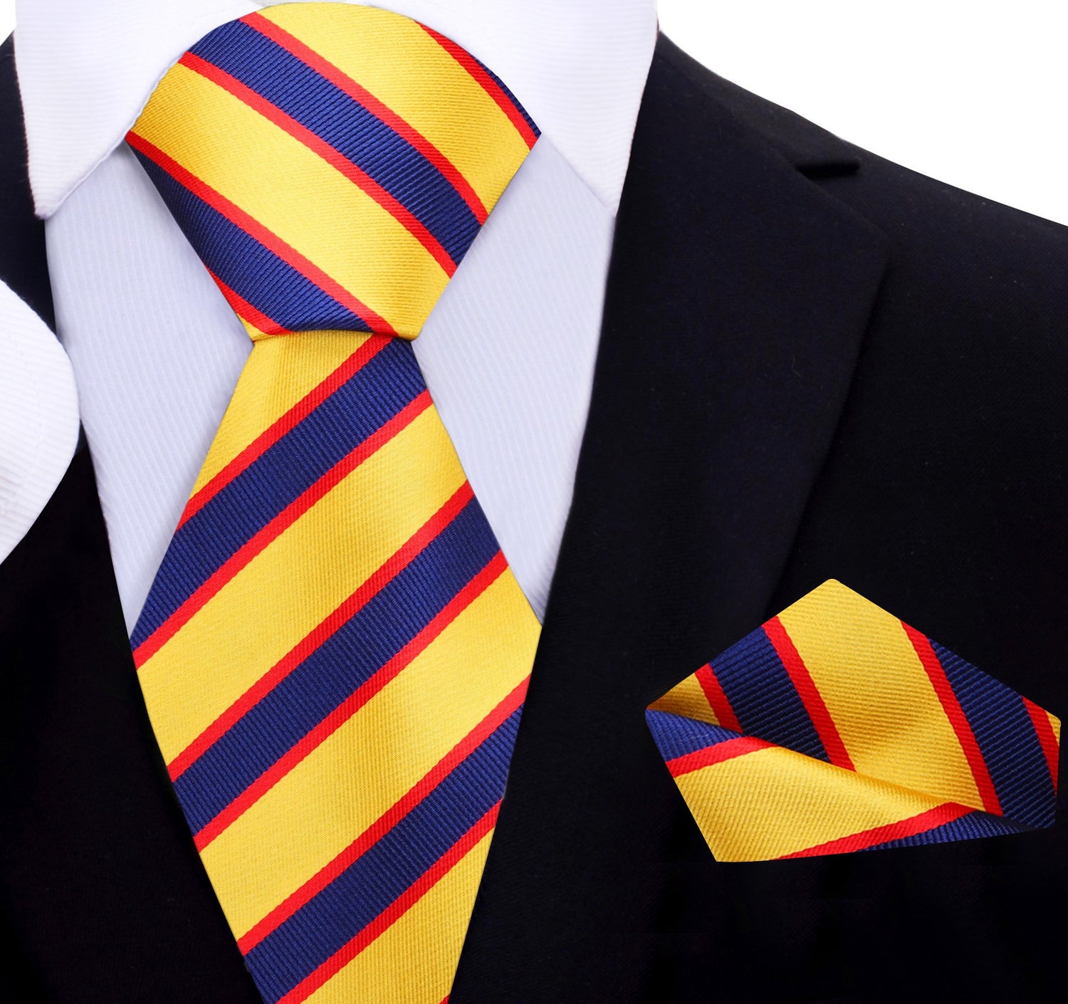 A Dark Blue, Yellow, Red Stripe Pattern Silk Necktie, With Matching Pocket Square