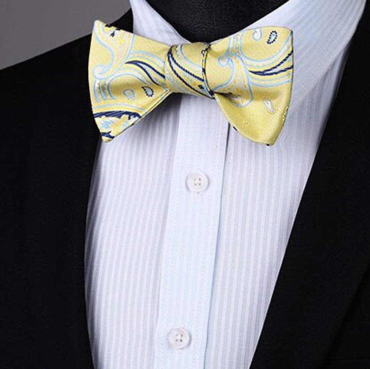 Yellow, Blue Paisley Bow Tie On Suit