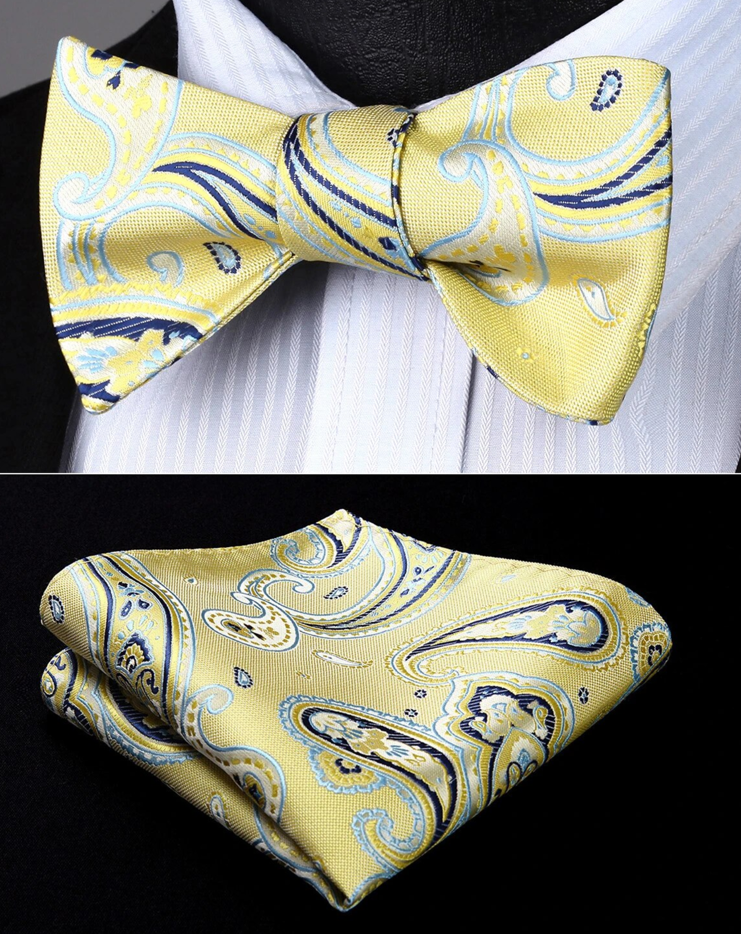 Yellow, Blue Paisley Bow Tie and Square