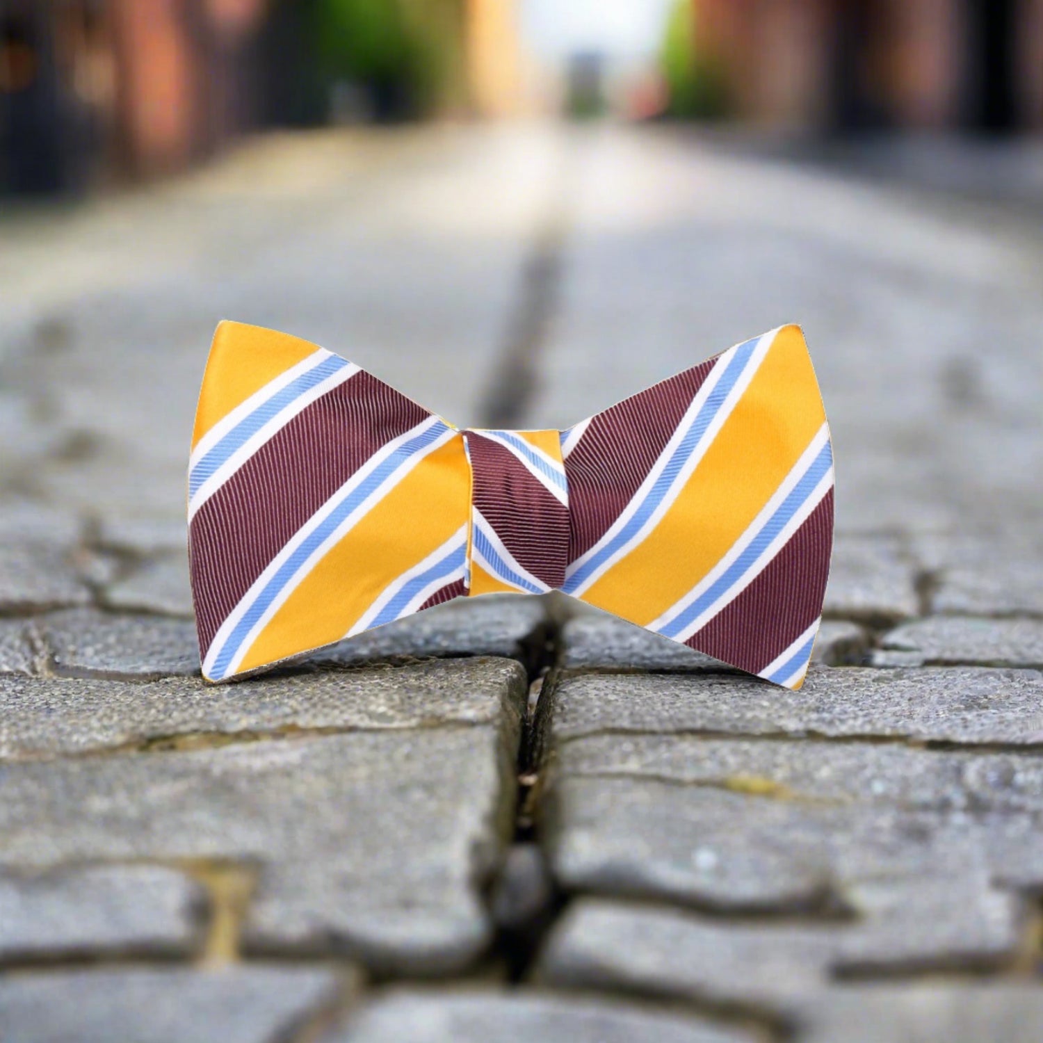 Yellow, Brown, White and Light Blue Stripe Bow Tie