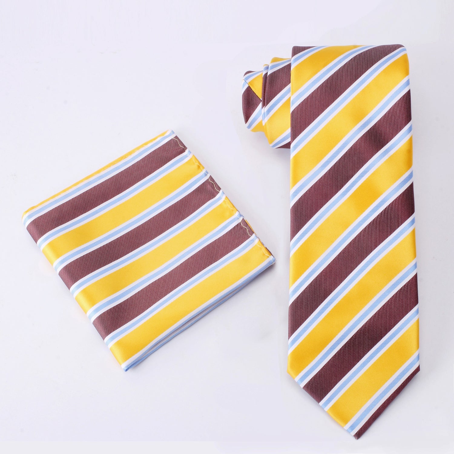 Alt View: Yellow, Brown, Light Blue Stripe Tie and Pocket Square
