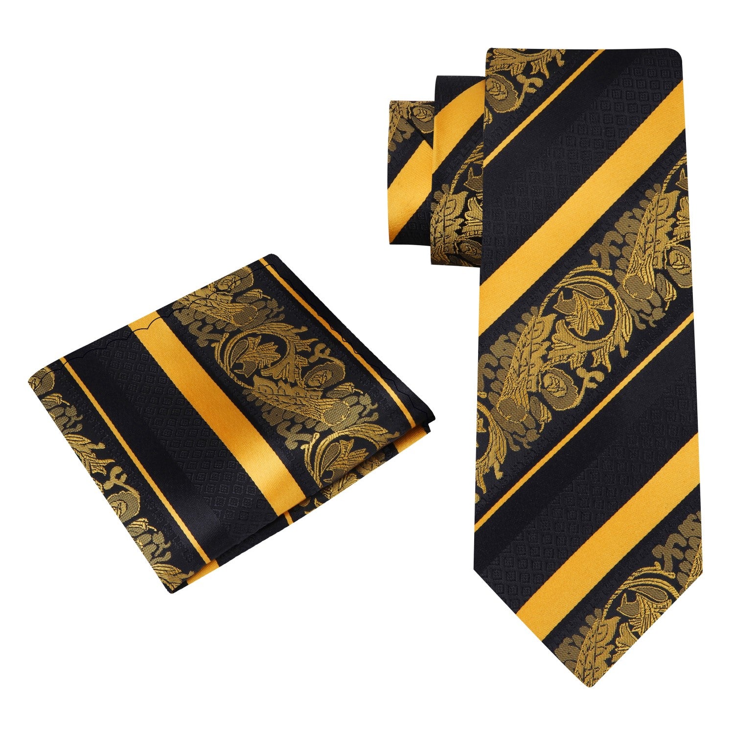 Alt View: Black, Yellow Intricate Paisley Tie and Pocket Square
