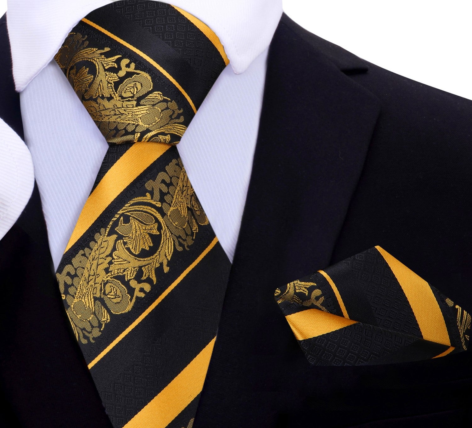 Black, Yellow Intricate Paisley Tie and Pocket Square