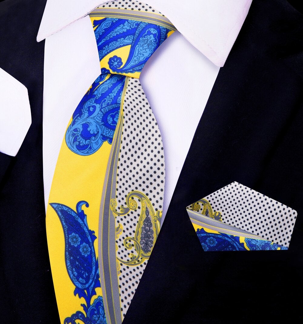 Blue, Yellow, Off-white, Black Paisley Tie and square