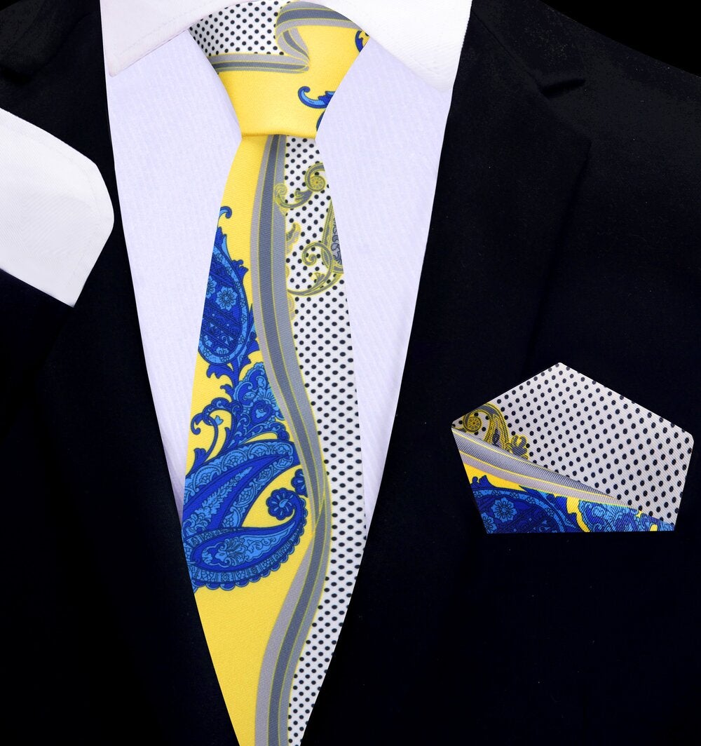 Blue, Yellow, Off-white, Black Paisley thin Tie and square