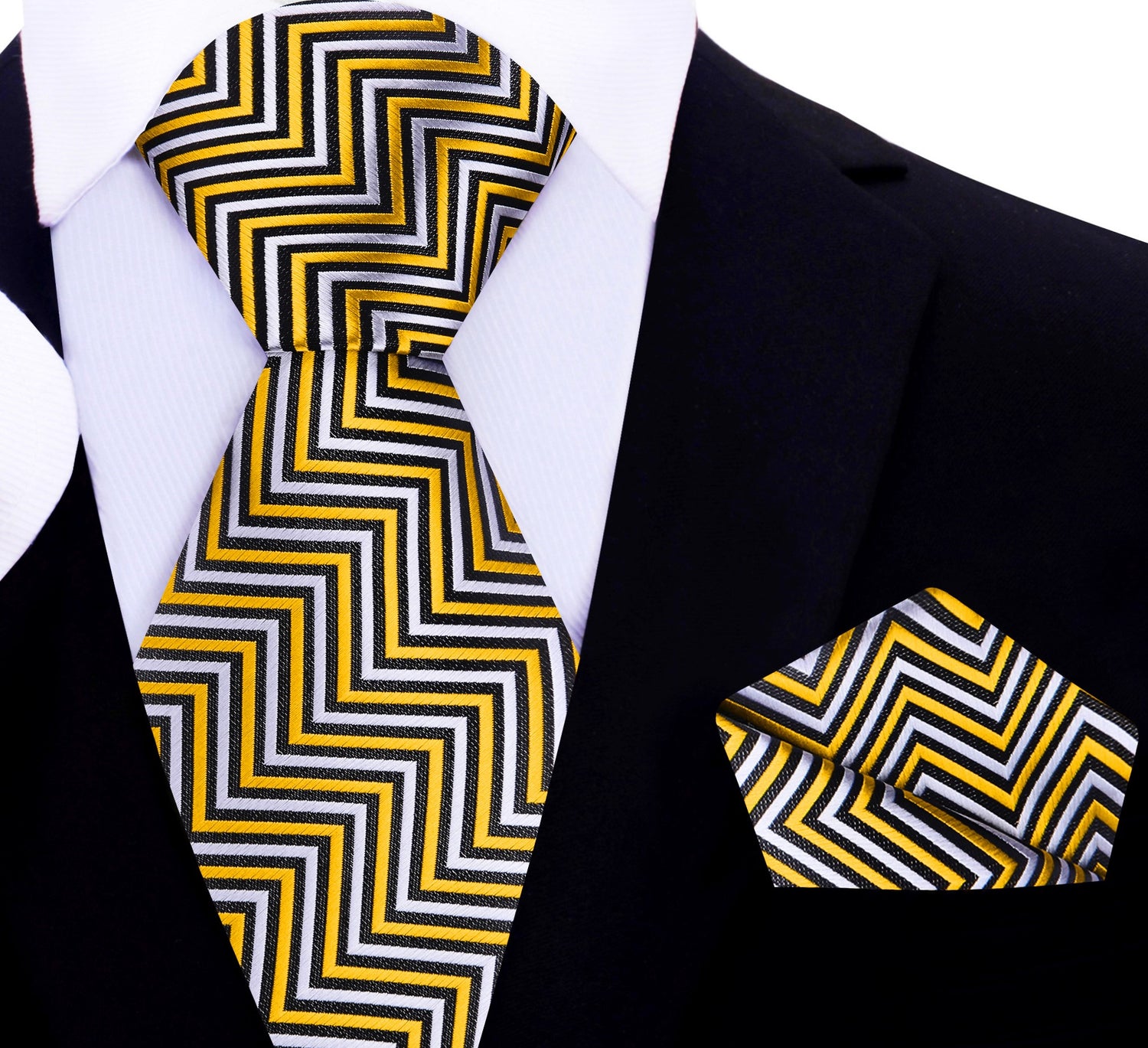 A Yellow, Black, White Geometric Pattern Silk Necktie With Matching Pocket Square