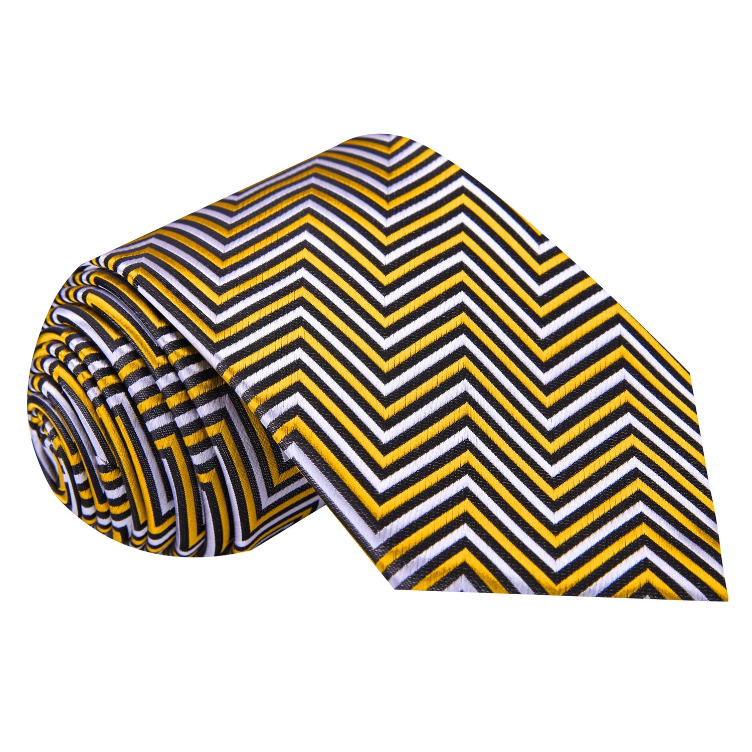 A Yellow, Black, White Geometric Pattern Silk Necktie 