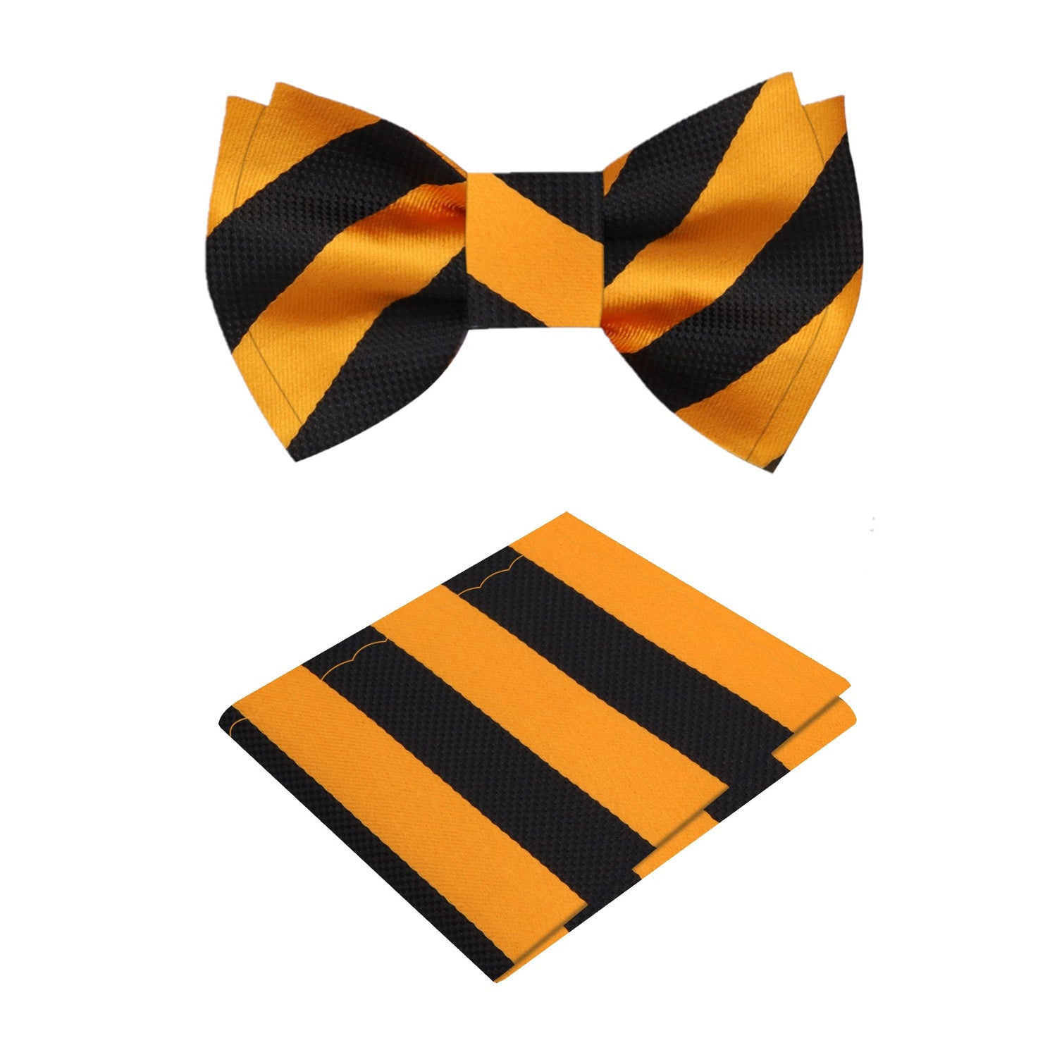 A Gold, Black Stripe Pattern Silk Self Tie Bow Tie, Matching Pocket Square|