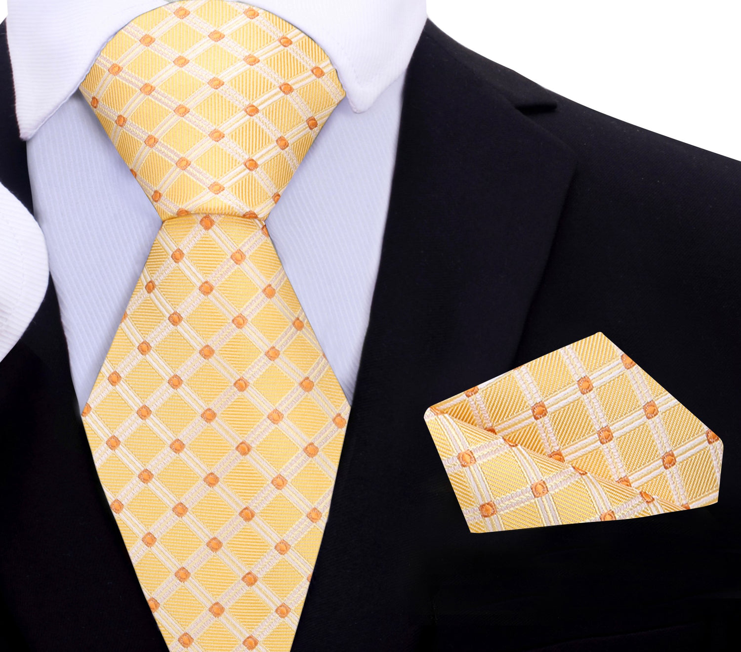 A Yellow Gold, Amber Geometric Diamond With Small Check Pattern Silk Necktie, Matching Pocket Square