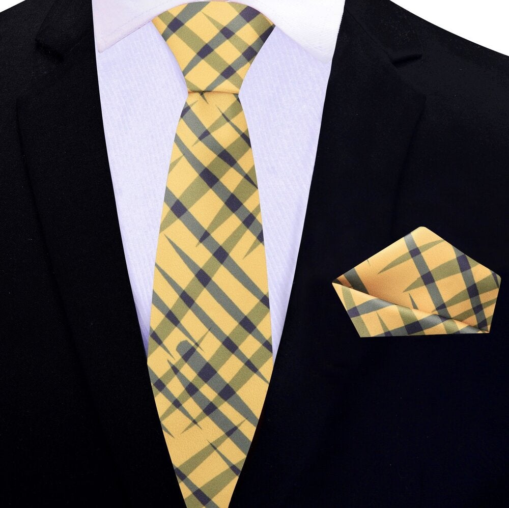 Thin Tie View: Solar Yellow with Grey Plaid Tie and Pocket Square