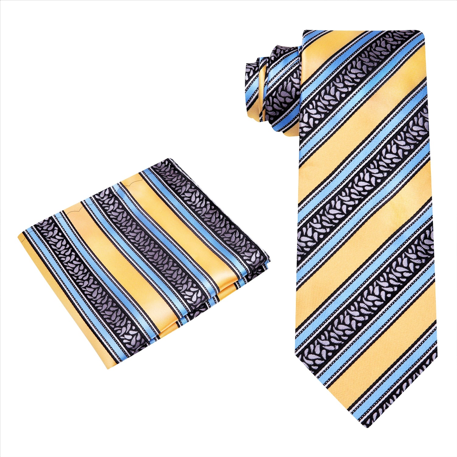 Alt View: Yellow, Grey and Light Blue Stripe Tie and pocket Square