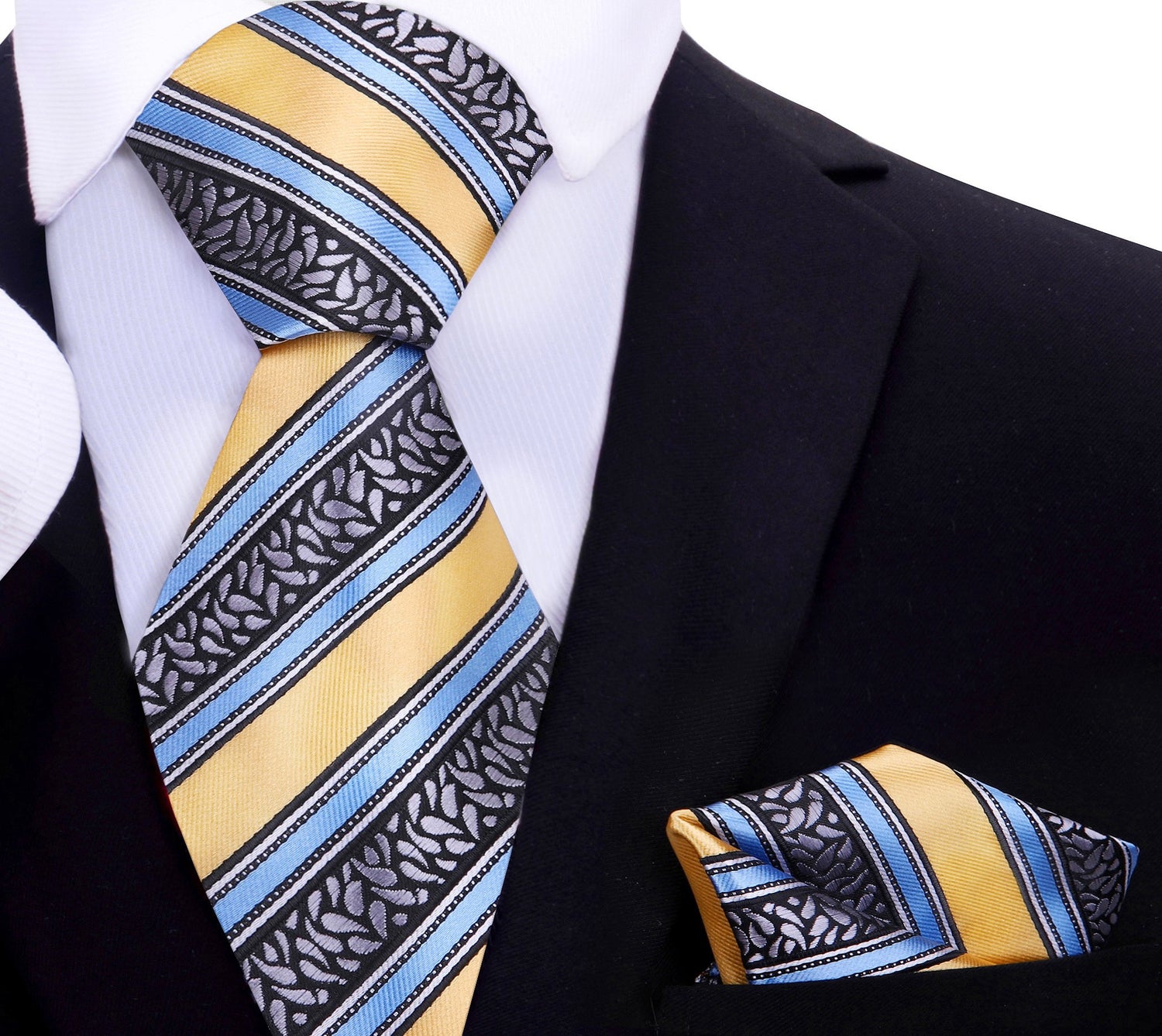 Yellow, Grey and Light Blue Stripe Tie and pocket Square