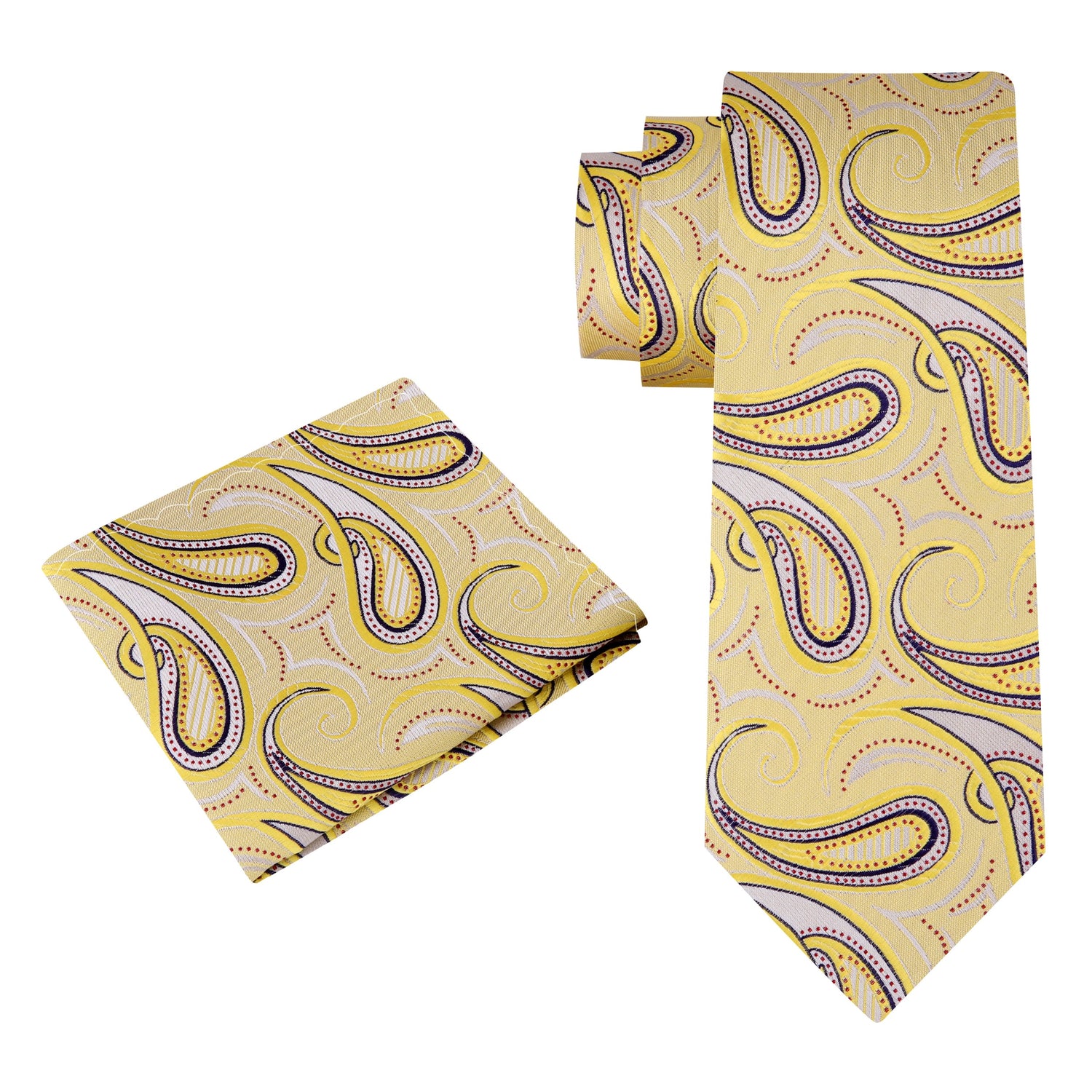 Alt View: A Light Gold, Yellow, Ruby Paisley Pattern Silk Necktie, With Matching Pocket Square