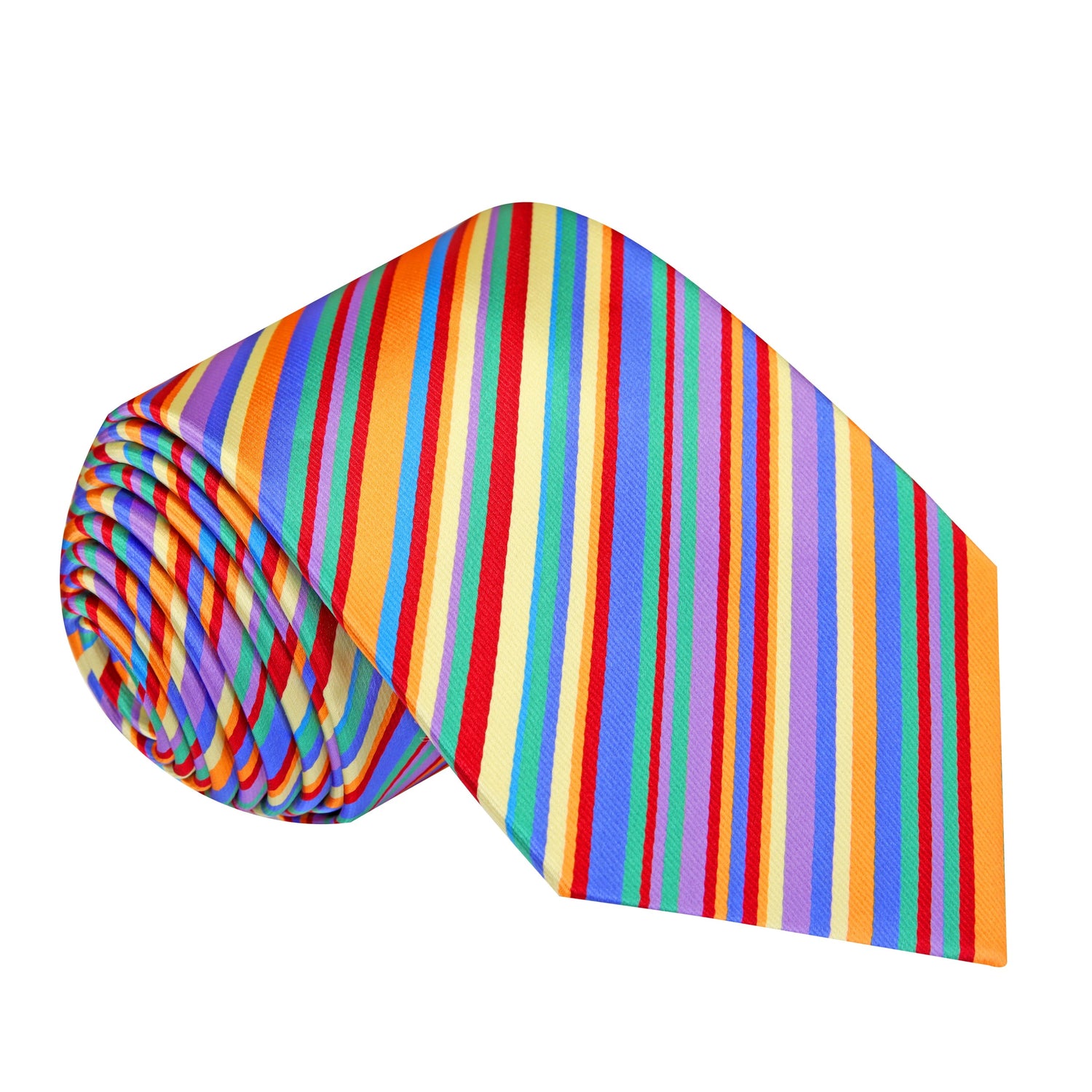 A Blue, Orange, Red, Yellow, Green Stripe Pattern Silk Necktie 