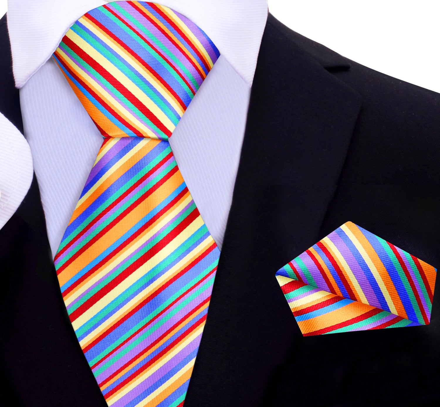 A Blue, Orange, Red, Yellow, Green Stripe Pattern Silk Necktie, Matching Pocket Square