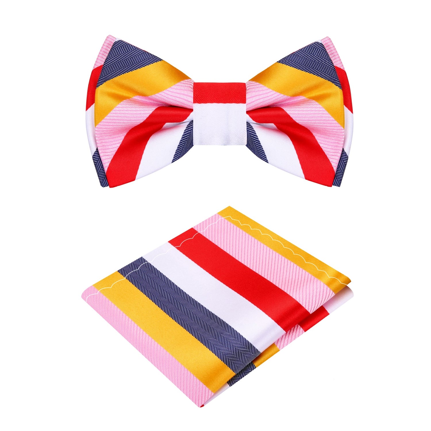 A Pink, Grey, Red, Yellow Stripe Pattern Silk Self Tie Bow Tie, Matching Pocket Square