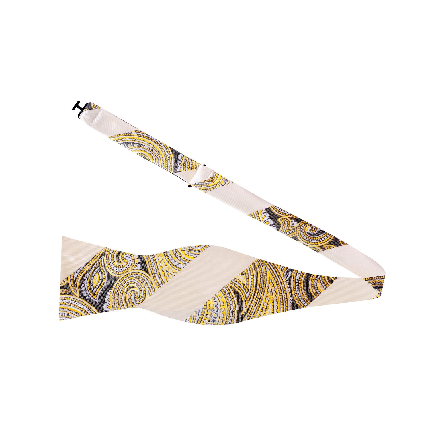 A Light Yellow, Shortbread Paisley and Stripe Pattern Silk Self Bow Tie View 3