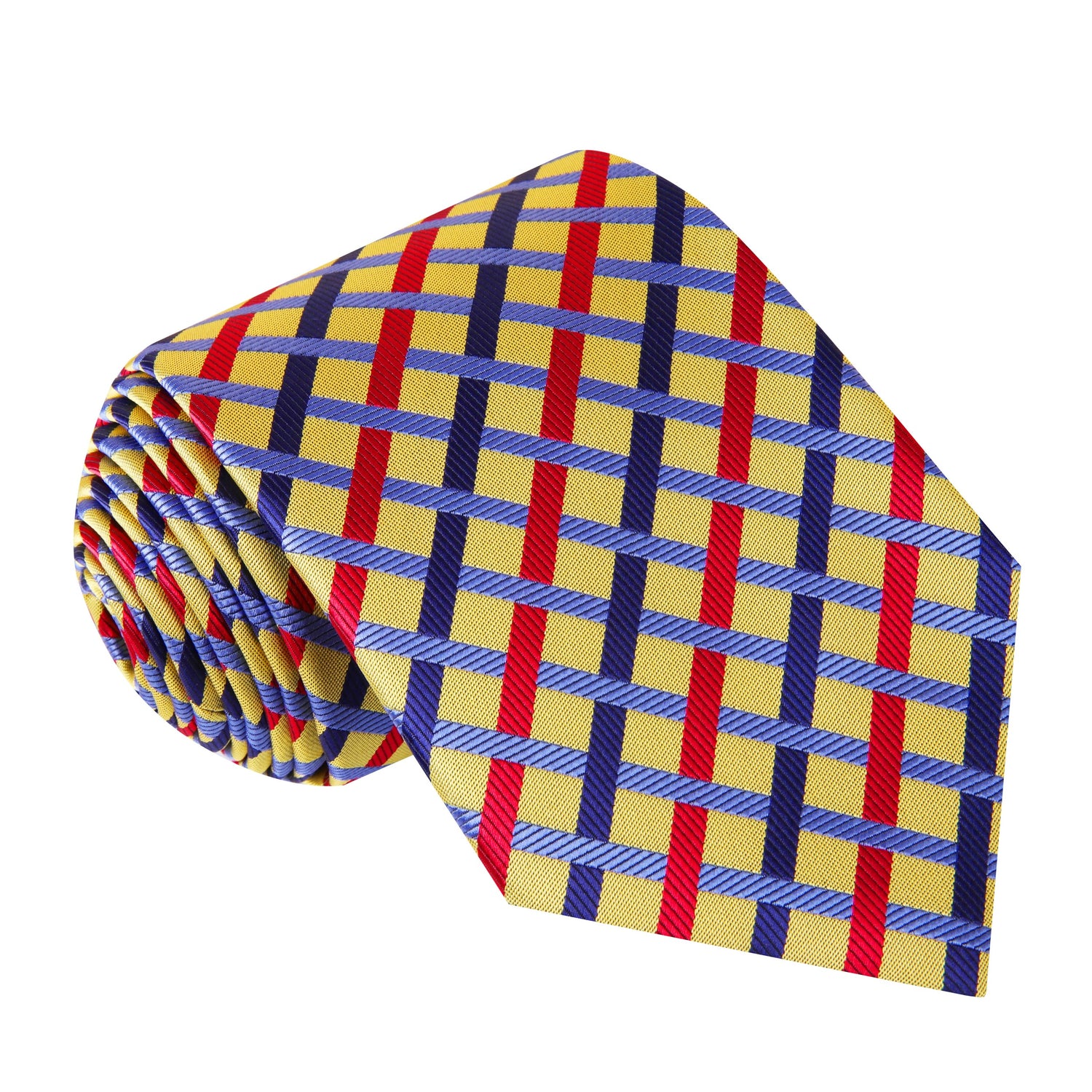 A Light Gold, Red, Blue Intersecting Lines Pattern Silk Necktie 