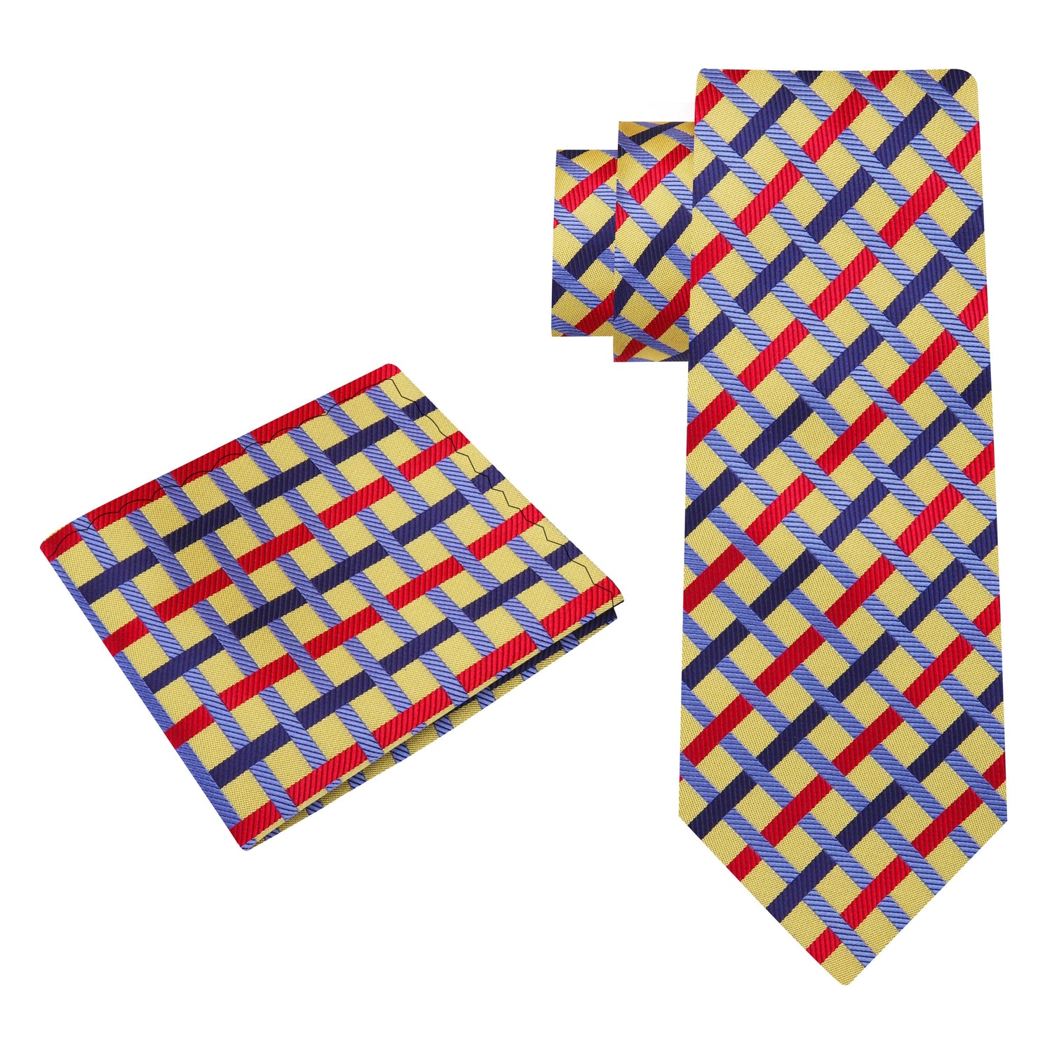 Alt View: A Light Gold, Red, Blue Intersecting Lines Pattern Silk Necktie, Matching Pocket Square