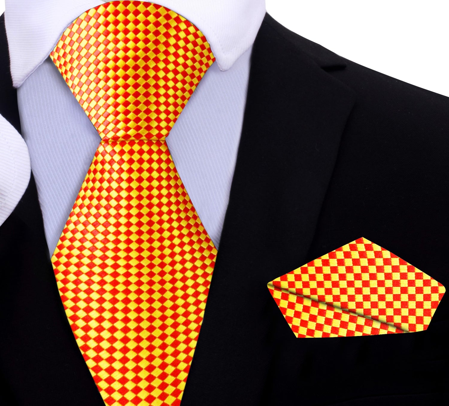 A Orange, Yellow Check Pattern Silk Necktie, Matching Pocket Square