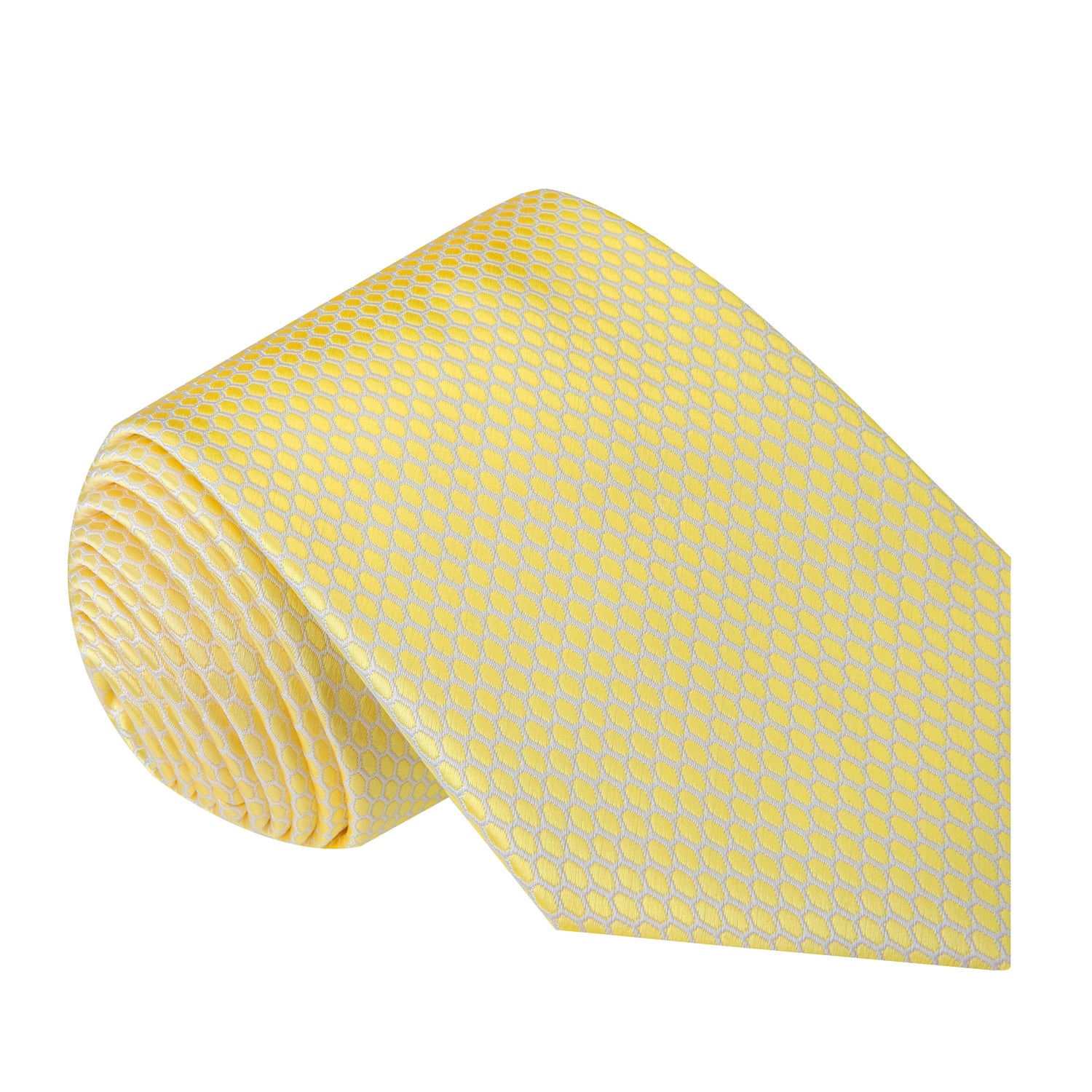 A Yellow, White Geometric Oval Shaped Pattern Silk Necktie 
