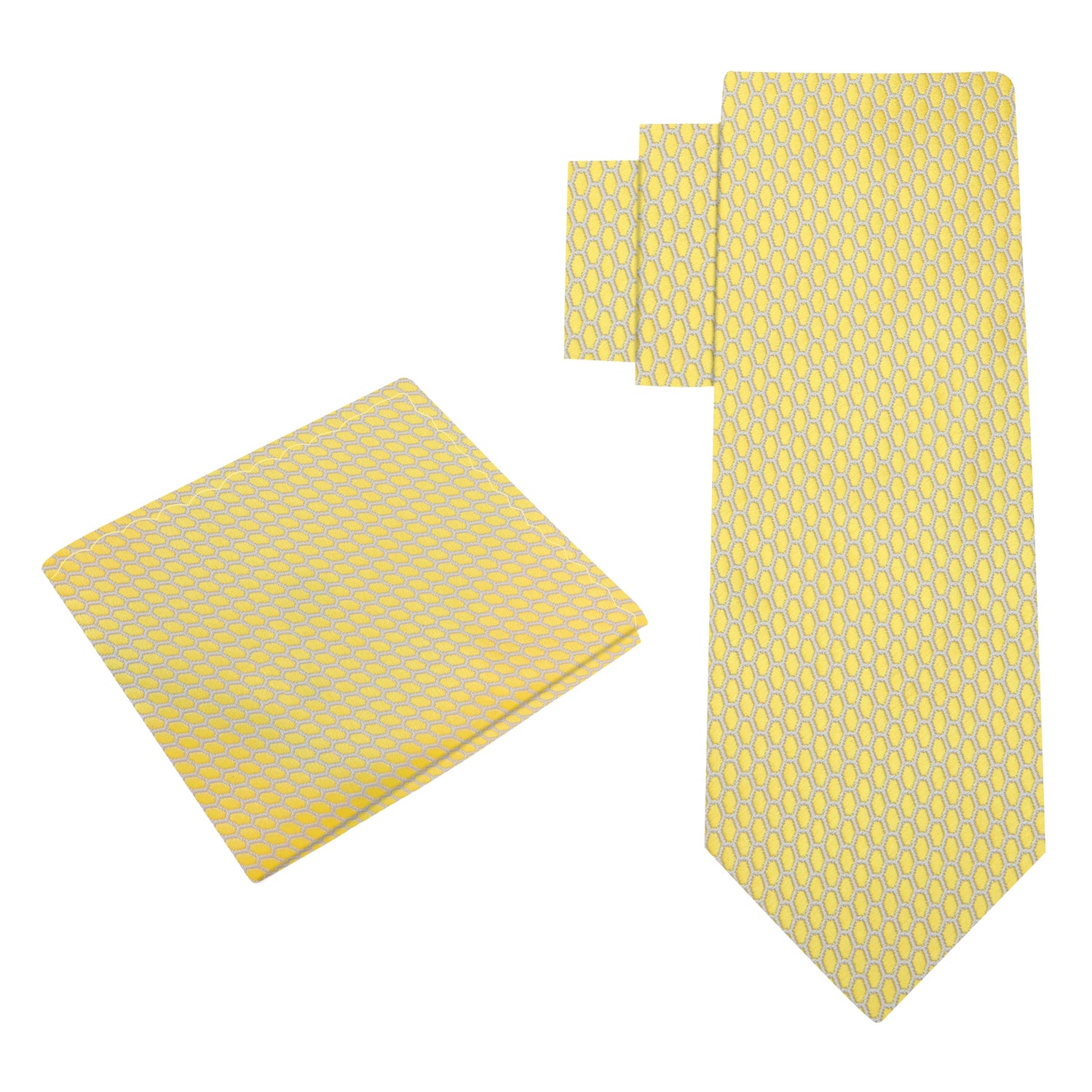 Alt View: A Yellow, White Geometric Oval Shaped Pattern Silk Necktie, Matching Pocket Square|