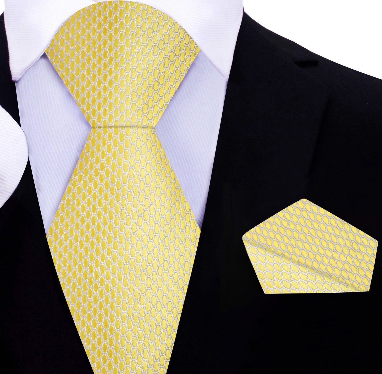 A Yellow, White Geometric Oval Shaped Pattern Silk Necktie, Matching Pocket Square|
