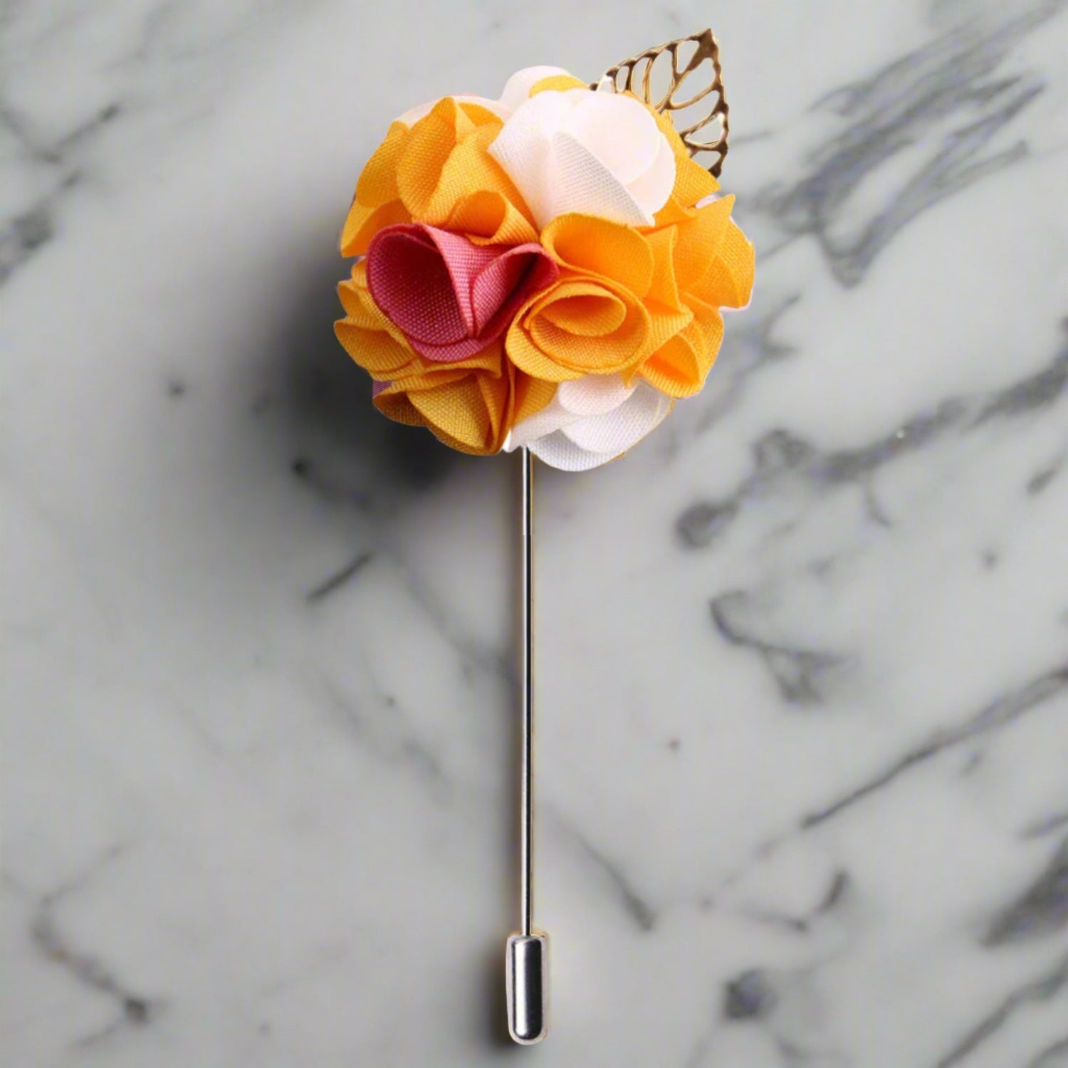 Main View: A Yellow, White, Pink Detailed Lapel Flower With Gold Colored Metal Leaf Lapel Pin||Yellow, White, Pink