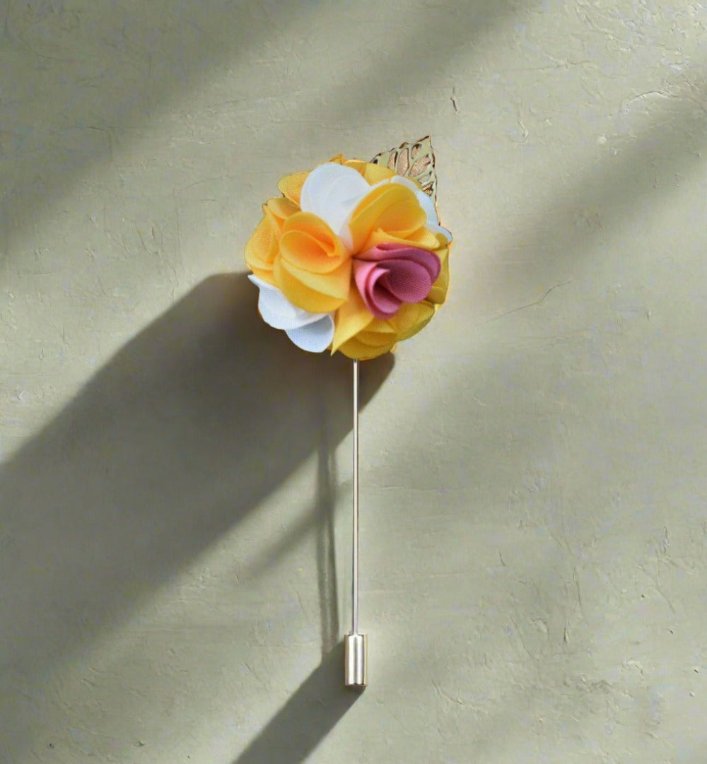 A Yellow, White, Pink Detailed Lapel Flower With Gold Colored Metal Leaf Lapel Pin||Yellow, White, Pink
