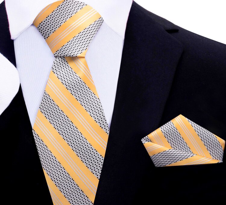 Main: Yellow, Light Grey and Black Stripe with Dots Tie and Pocket Square