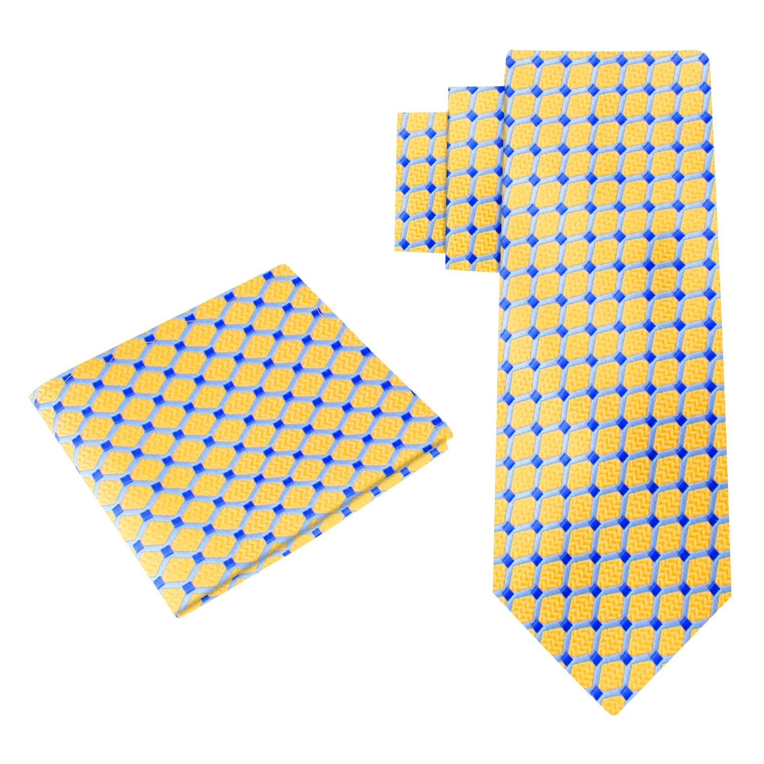 Alt View: A Yellow, White, Light Blue Geometric Pattern Pattern Silk Necktie, Matching Pocket Square