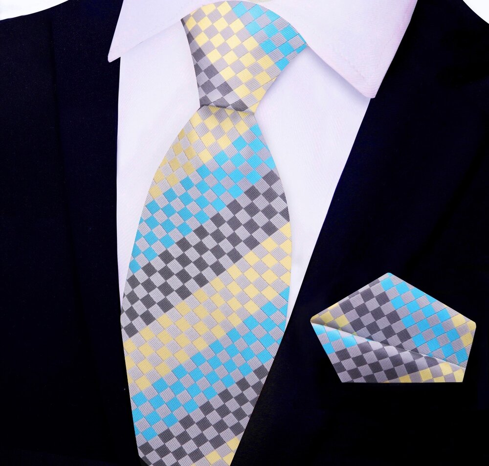 Light Yellow Light Blue Geometric Tie and Pocket Square||Yellow, Blue