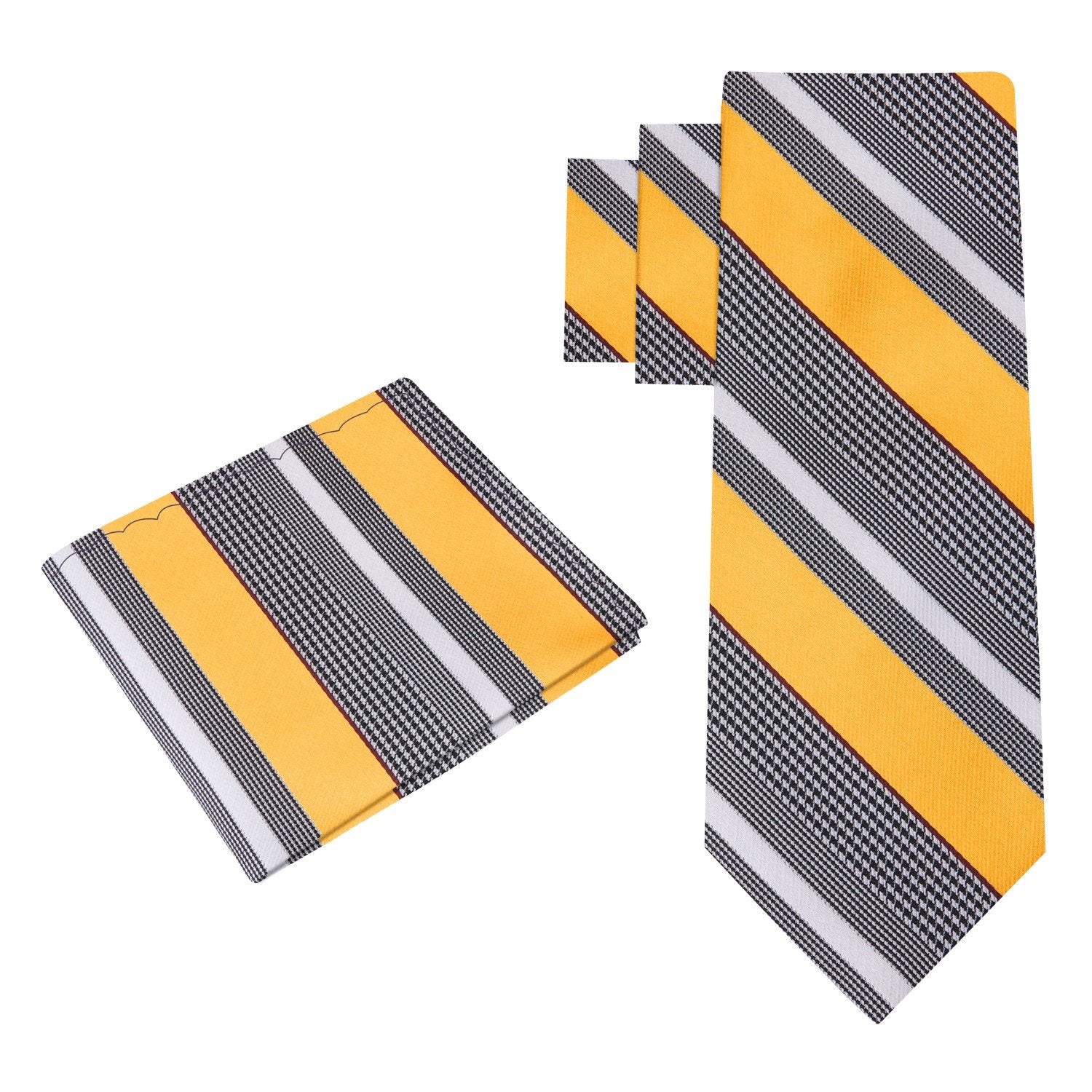 Alt view: A Yellow, Grey, White Color Stripe Pattern Silk Tie, Pocket Square