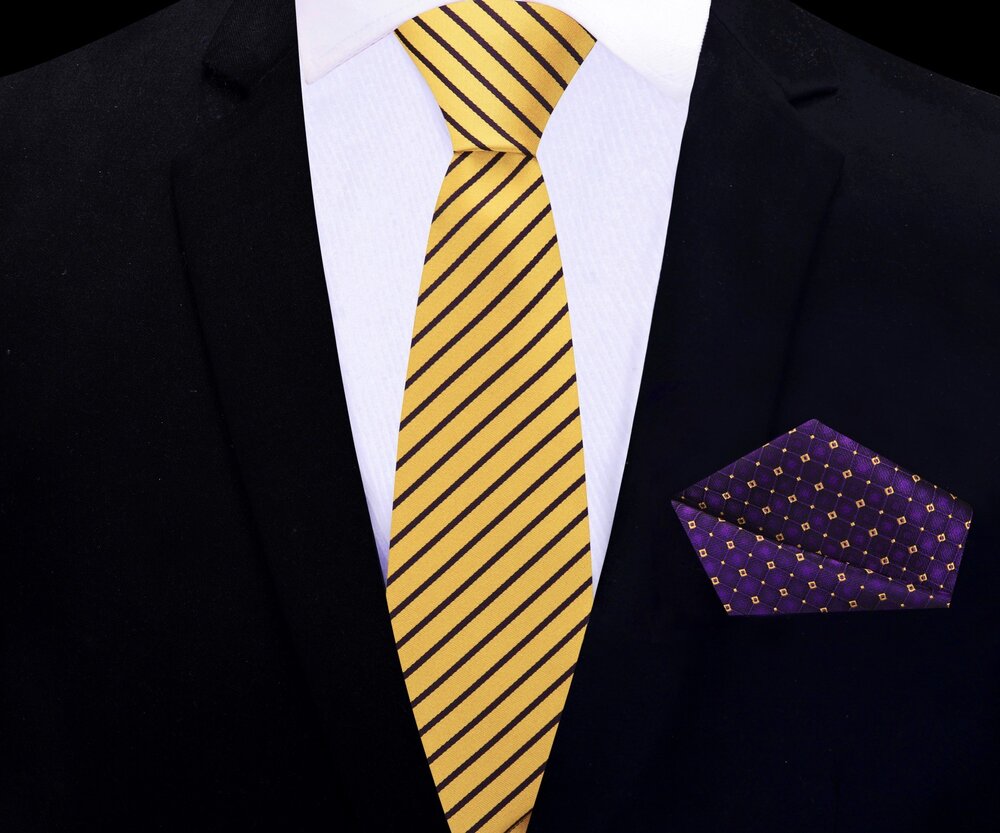 Thin Tie: Yellow and Purple Stripe and Check Tie and Pocket Square||Yellow