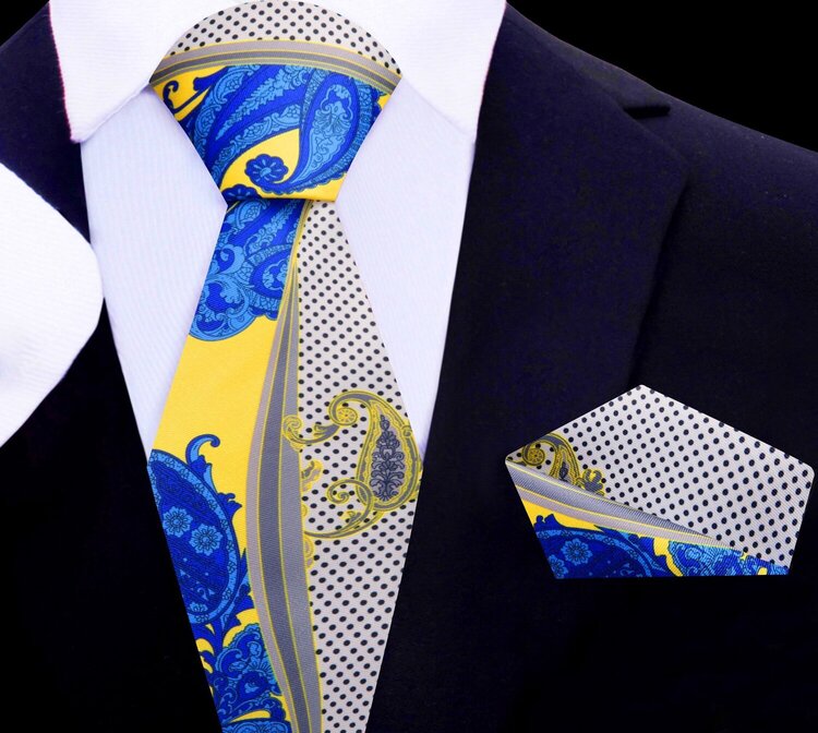 View 1: Blue, Yellow, Off-white, Black Paisley Tie and square