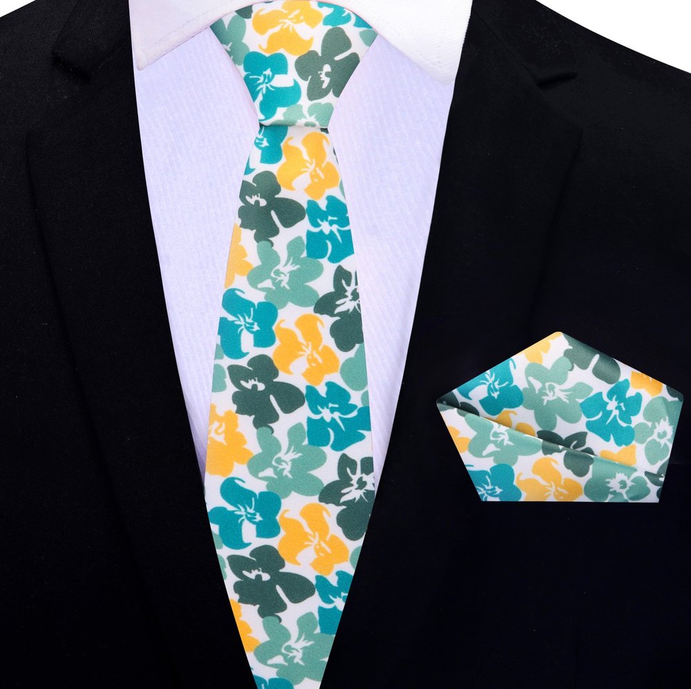 Green Yellow Hibiscus Flowers Thin Tie and Pocket Square||Green